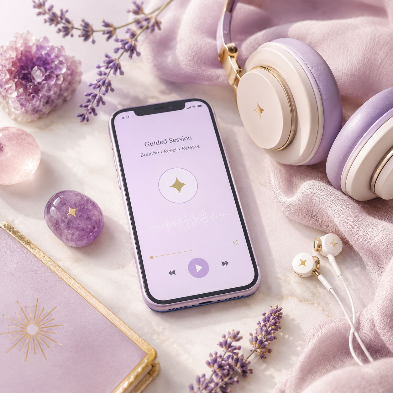 Guided audio session on a phone with headphones
